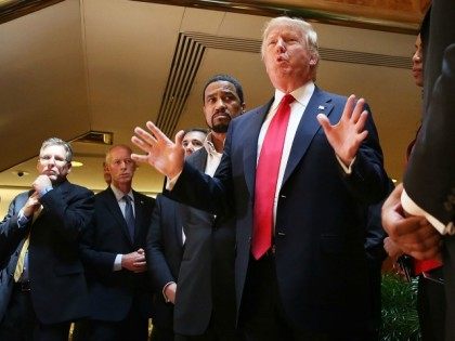 Republican presidential candidate Donald Trump greets members of the 'National Diversity Coalition for Trump,' a day ahead of New York primary on April 18, 2016 in New York City.