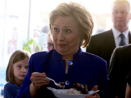 NEW YORK, NY - APRIL 18: Democratic presidential candidate, former U.S. Secretary of State Hillary Clinton eats ice cream at Mikey Likes It Ice Cream on April 18, 2016 in New York City. The Democratic and Republican primaries in New York are tomorrow. (Photo by Justin Sullivan/Getty Images)