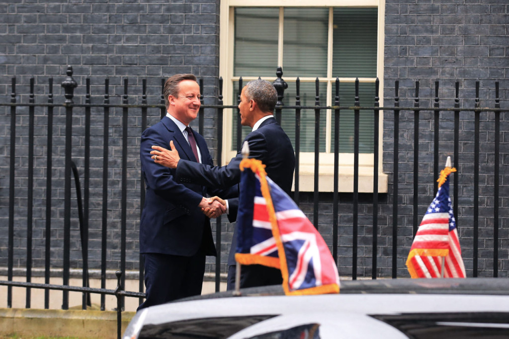 LONDON, ENGLAND - APRIL 22: President Barack Obama arrives at Downing Street to meet with British Prime Minister David Cameron on April 22, 2016 in London, England. 