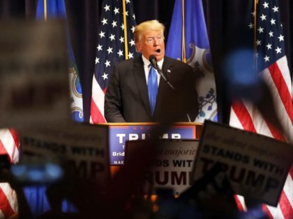 Republican presidential candidate Donald Trump speaks at a rally in Bridgeport on April 23