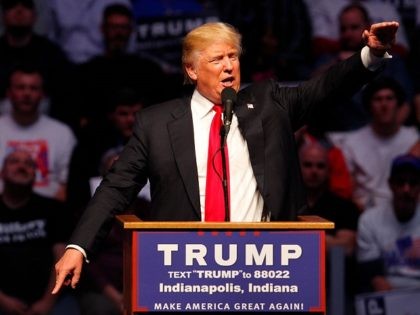 INDIANAPOLIS, IN - APRIL 27: Republican presidential candidate Donald Trump addresses the crowd during a campaign rally at the Indiana Farmers Coliseum on April 27, 2016 in Indianapolis, Indiana. Trump is preparing for the Indiana Primary on May 3. (Photo by John Sommers II/Getty Images)