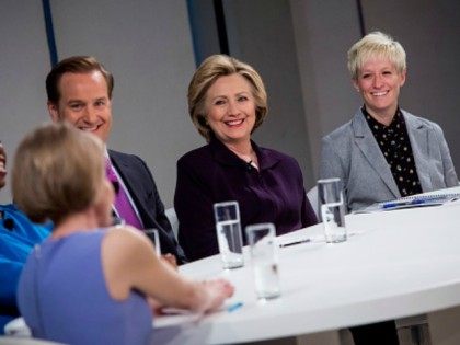 : Democratic presidential candidate, former U.S. Secretary of State Hillary Clinton attends a roundtable discussion on pay equality April 12, 2016 in New York City.