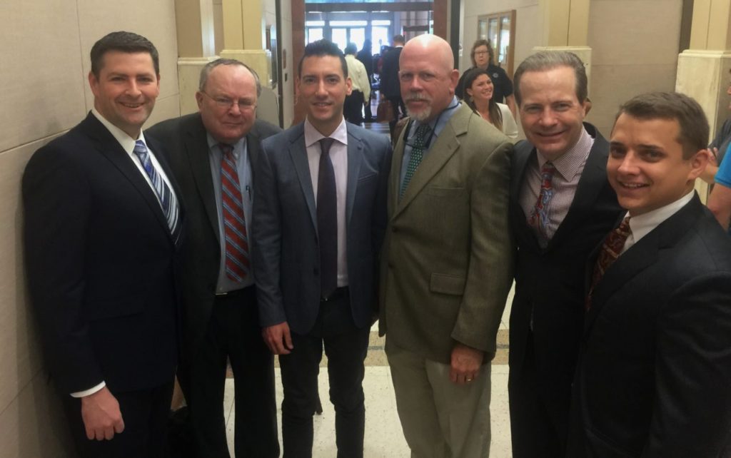 From left to right: Hon. Peter Breen and Thomas Brejcha, attorneys from the Thomas Moore Society (note: Brejcha is President of Thomas Moore Society); David Daleiden; Terry Yates, lead local counsel; Jared Woodfill; Briscoe Cain, Texas Legal Counsel for Operation Rescue.