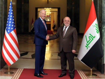 BAGHDAD, IRAQ - APRIL 28: Vice President of US Joe Biden meets Iraqi Prime Minister Haider al-Abadi (R) during his official visit in Baghdad, Iraq on April 28, 2016. (Photo by Pool / Iraq Prime Ministry Office/Anadolu Agency/Getty Images)