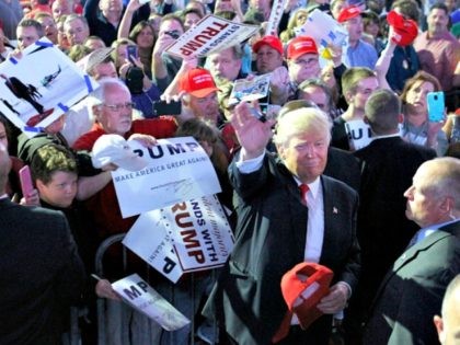 INDIANAPOLIS, IN - APRIL 27: Republican presidential candidate Donald Trump shakes hands a