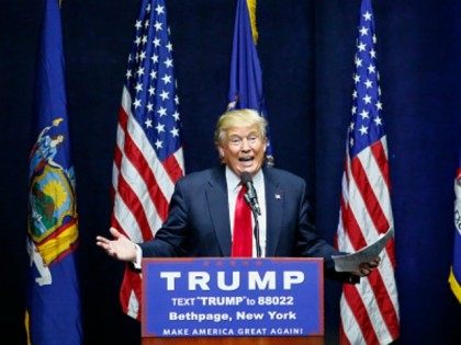 Republican presidential candidate Donald Trump addresses a rally in Bethpage, Long Island,