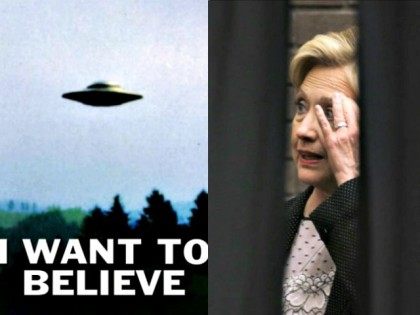 X Files Poster and Hillary Behind Curtain AP