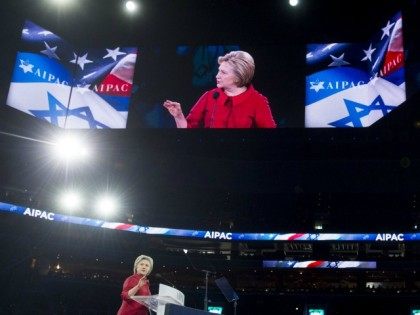 US Democratic Presidential hopeful Hillary Clinton speaks during the American Israel Public Affairs Committee (AIPAC) 2016 Policy Conference at the Verizon Center in Washington, DC, March 21, 2016.
