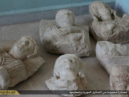 SYRIA, MANBIJ : An image made available by propaganda Islamist media outlet Welayat Halab on July 2, 2015 allegedly shows ancient artifacts smuggled from the Syrian city of Palmyra, a 2,000-year-old metropolis and an Unesco world heritage site located 215 kilometres northeast of Damascus, before they were destroyed by Islamic …