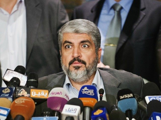 Hamas Leader Khaled Meshaal looks on as he gives a press conference at the Journalist Synd