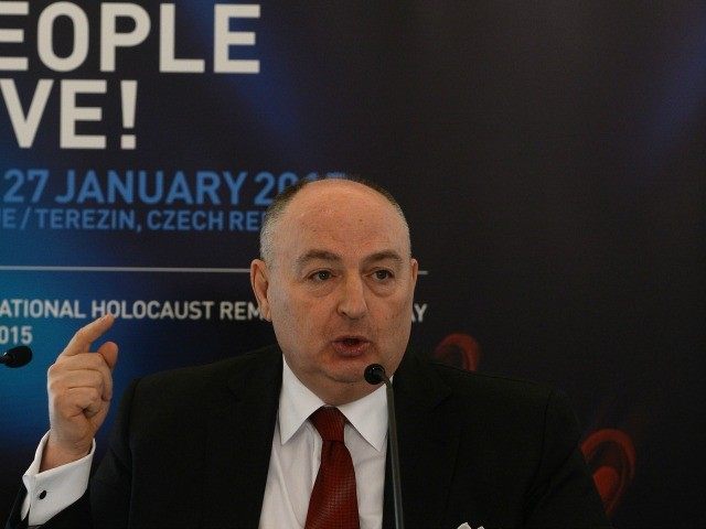 Moshe Kantor, head of the European Jewish Congress (EJC), answers to journalists during hi