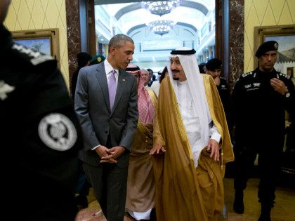 President Barack Obama and Saudi Arabia's King Salman walk together to a meeting at Erga Palace in Riyadh, Saudi Arabia, Wednesday, April 20, 2016. The president began a six day trip to strategize with his counterparts in Saudi Arabia, England and Germany on a broad range of issues with efforts …