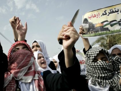 Palestinian students hold a knife during an anti-Israel protest in the city of Khan Yunis in the Southern Gaza Strip, on October 18, 2015.