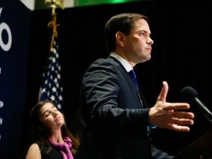 Republican presidential candidate U.S. Senator Marco Rubio (R-FL), flanked by his family, speaks to supporters at a primary night rally on March 15, 2016 in Miami, Florida.