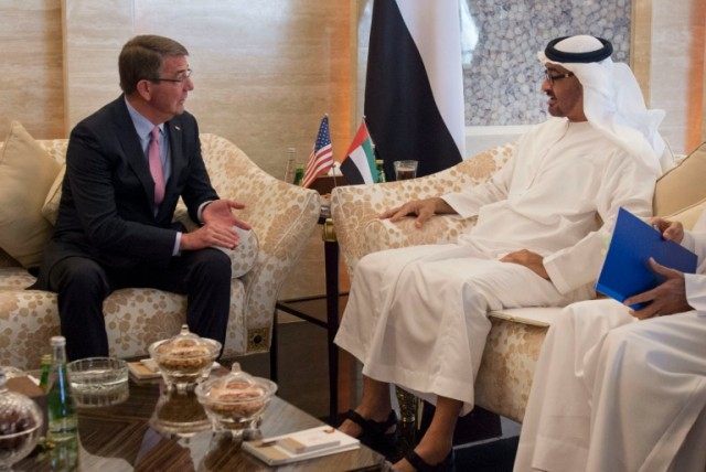 US Secretary of Defense Ashton Carter (L) meets with United Arab Emirates Crown Prince and