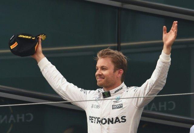 Mercedes driver Nico Rosberg celebrates winning the Chinese Grand Prix in Shanghai on Apri