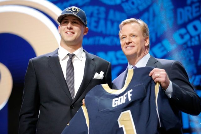 Jared Goff (L) stands next to NFL Commissioner Roger Goodell after being picked number one