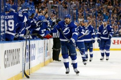 Alex Killorn of the Tampa Bay Lightning celebrates his goal against the Detroit Red Wings during Game Five of the Eastern Conference First Round