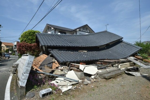 A damaged house in the town of Mashiki, Kumamoto prefecture on April 15, 2016