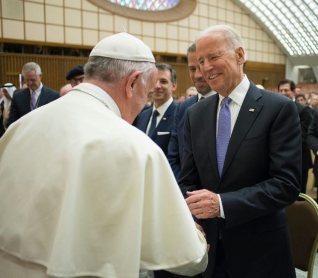 Pope Francis (left) shakes hands with US Vice-President Joe Biden during an audience at th