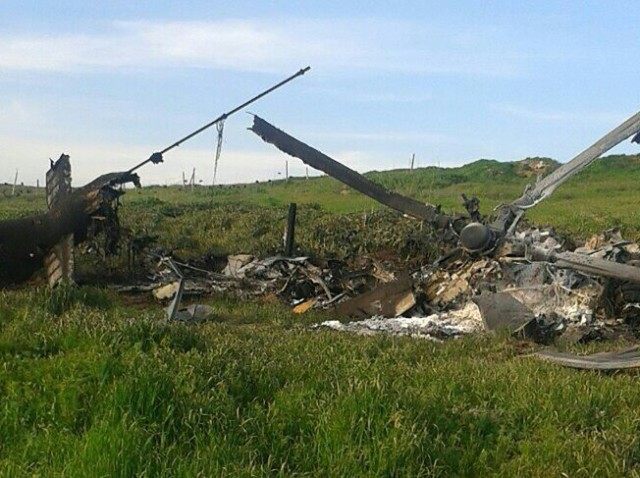 A picture taken on April 2, 2016 obtained from the Nagorno Karabakh Republic Defence Ministry's official website reportedly showing the remains of a downed Azerbaijan helicopter in Nagorny Karabakh after clashes between Armenian and Azeri forces