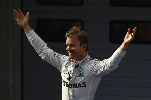 Mercedes' German driver Nico Rosberg celebrates after winning the Chinese Grand Prix in Sh