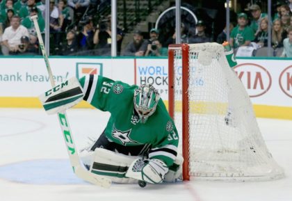 Kari Lehtonen of the Dallas Stars blocks a shot on goal against the St. Louis Blues in Game One of the Western Conference Second Round playoffs