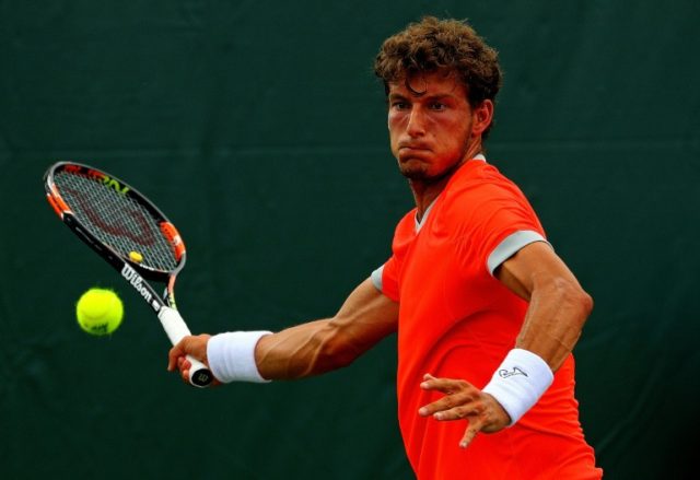 Pablo Carreno Busta of Spain plays a match during the Miami Open on March 24, 2016 in Key