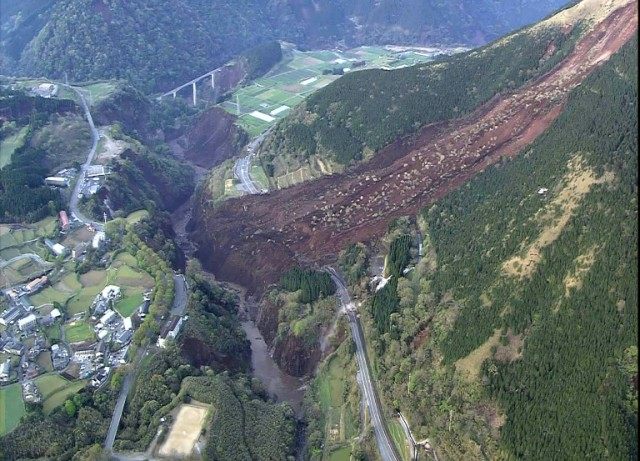 A landslide pictured in Mimami-Aso, Kumamoto prefecture on April 16, 2016 after a second p