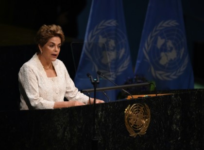 Brazilian President Dilma Rousseff speaks at the United Nations in New York on April 22, 2