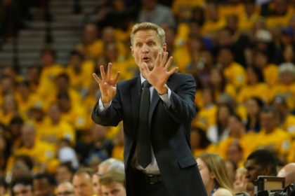 Golden State Warriors Head Coach Steve Kerr gives directions during the 2016 NBA Playoffs at ORACLE Arena on April 18, 2016 in Oakland, California