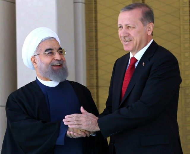 Turkish President Recep Tayyip Erdogan (R) shakes hands with his Iranian counterpart Hassa