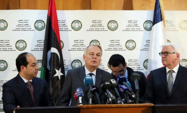 Libyan deputy prime minister of the UN-backed government, Ahmed Maiteeq (L), French Foreig