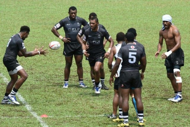 Fiji's players attend a training session ahead of the Singapore Sevens rugby tournament on