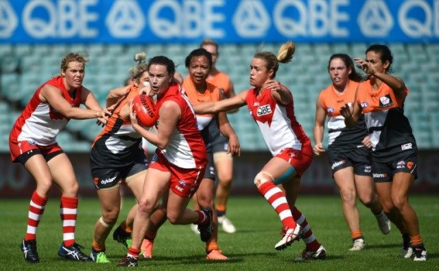 Australian Rules football players from the Greater Western Sydney Giants (Orange) and the