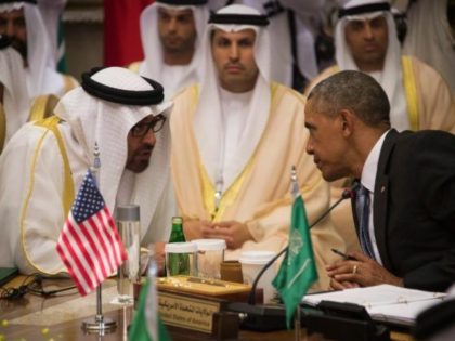 US President Barack Obama (R) speaks with Sheikh Mohammed bin Zayed al-Nahyan (left), Crow