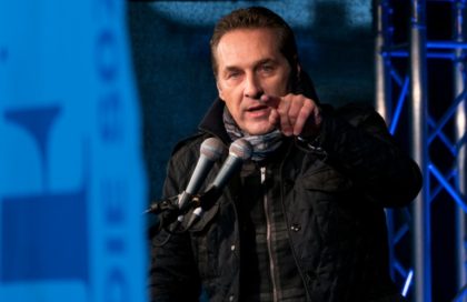Head of the Austrian Freedom Party (FPOe) Heinz-Christian Strache speaks during a demonstration against a refugee home in Vienna, Austria on April 18, 2016