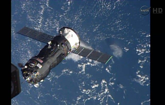 This October 29, 2014 image taken from NASA TV shows the Russian Progress 57 Cargo Ship ar