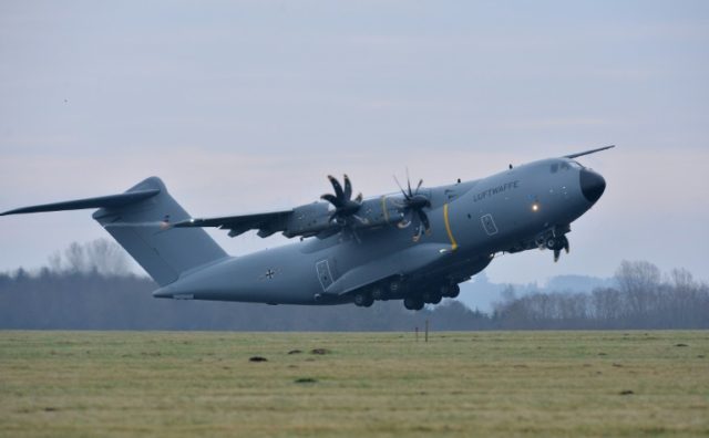 A Luftwaffe Airbus A400M military aircraft takes off from Bundeswehr airbase in Jagel, nor