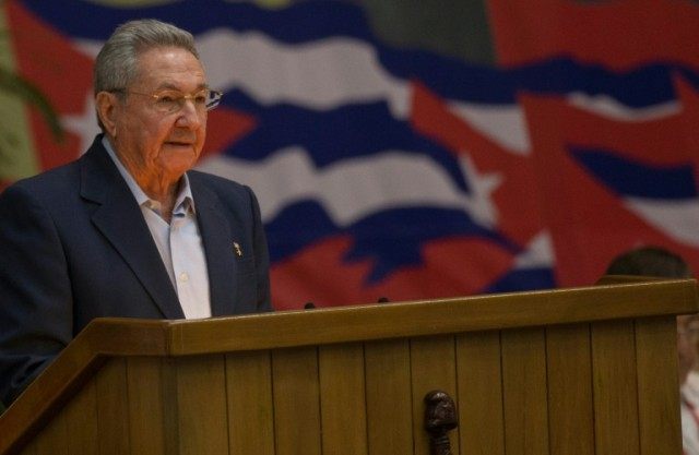 President Raul Castro giving a speech during the opening of VII Congress of Cuban Communis
