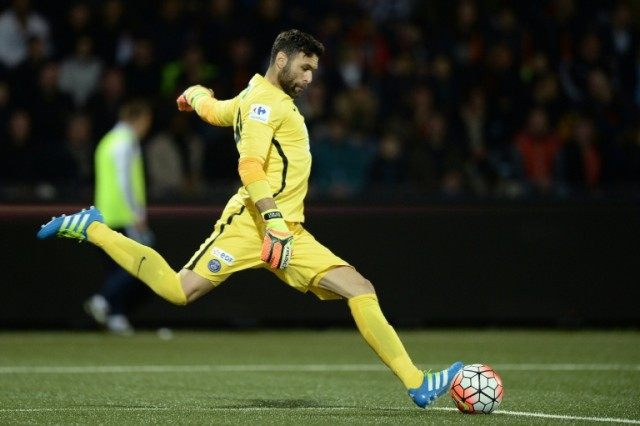 Paris Saint-Germain's goalkeeper Salvatore Sirigu kicks the ball back into play during the