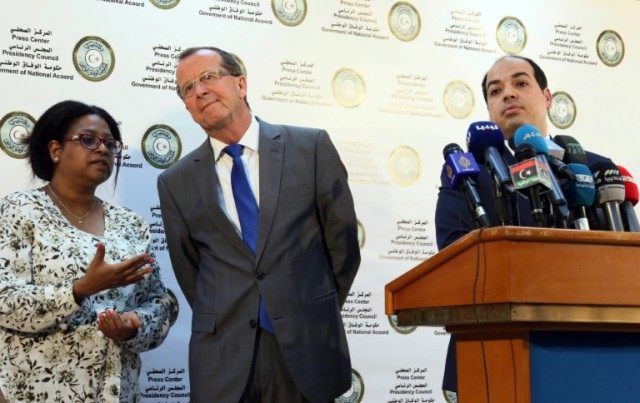 United Nations' envoy to Libya, Martin Kobler (C), holds a press conference with Libyan de