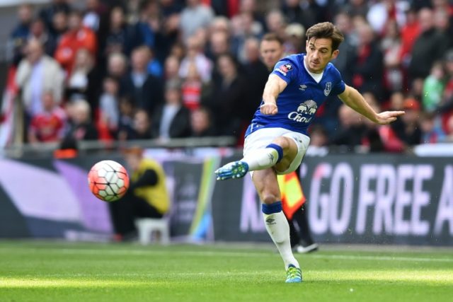 Everton's defender Leighton Baines, pictured on April 23, 2016, scored his first goal in n