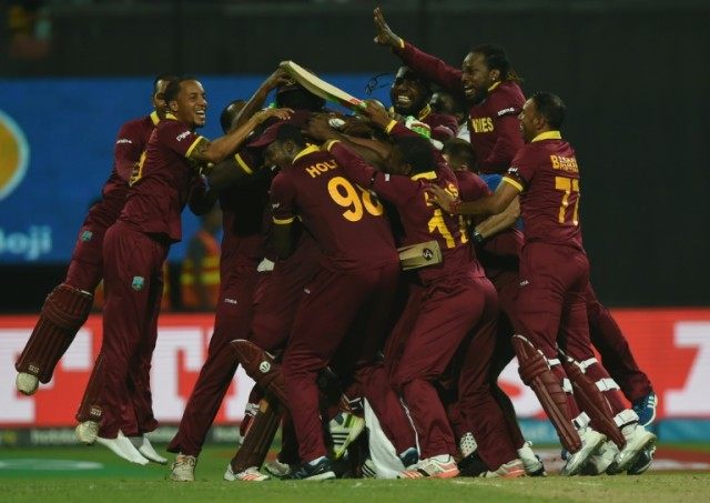 West Indies players celebrate after victory in the World T20 cricket tournament final matc