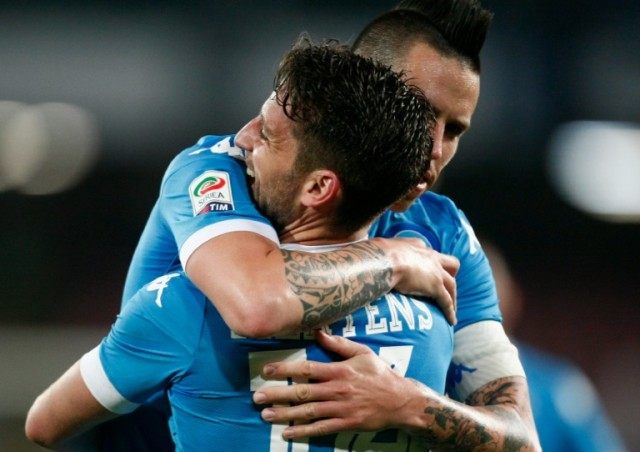 Napoli's forward Dries Mertens celebrates after scoring with teammate Marek Hamsik during