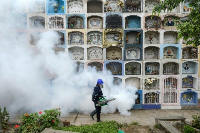 A specialist fumigates for Zika-carrying mosquitoes on the outskirts of Lima, Peru on Janu