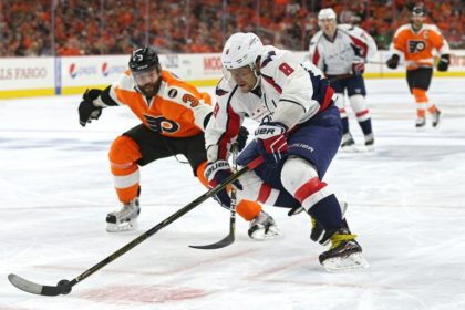 Alex Ovechkin #8 of the Washington Capitals skates past Radko Gudas #3 of the Philadelphia Flyers during Game Six of the Eastern Conference Quarterfinals during the 2016 NHL Stanley Cup Playoffs on April 24, 2016 in Philadelphia, Pennsylvania