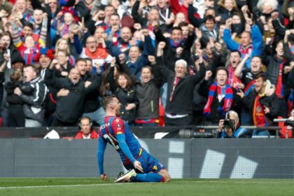 Crystal Palace's English striker Connor Wickham celebrates scoring their second goal during an FA Cup semi-final football match against Watford at Wembley Stadium in London on April 24, 2016