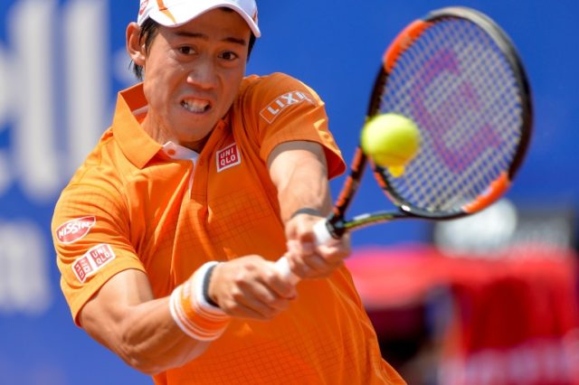 Japan's Kei Nishikori hits a return during his 6-3, 6-2 semi-final victory over Benoit Pai