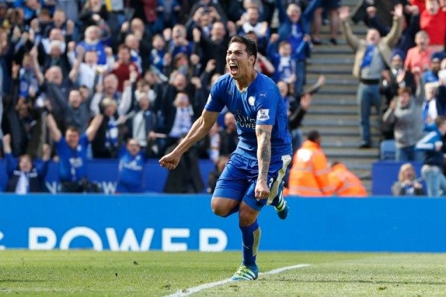 Leicester City's striker Leonardo Ulloa celebrates after scoring their second goal from th